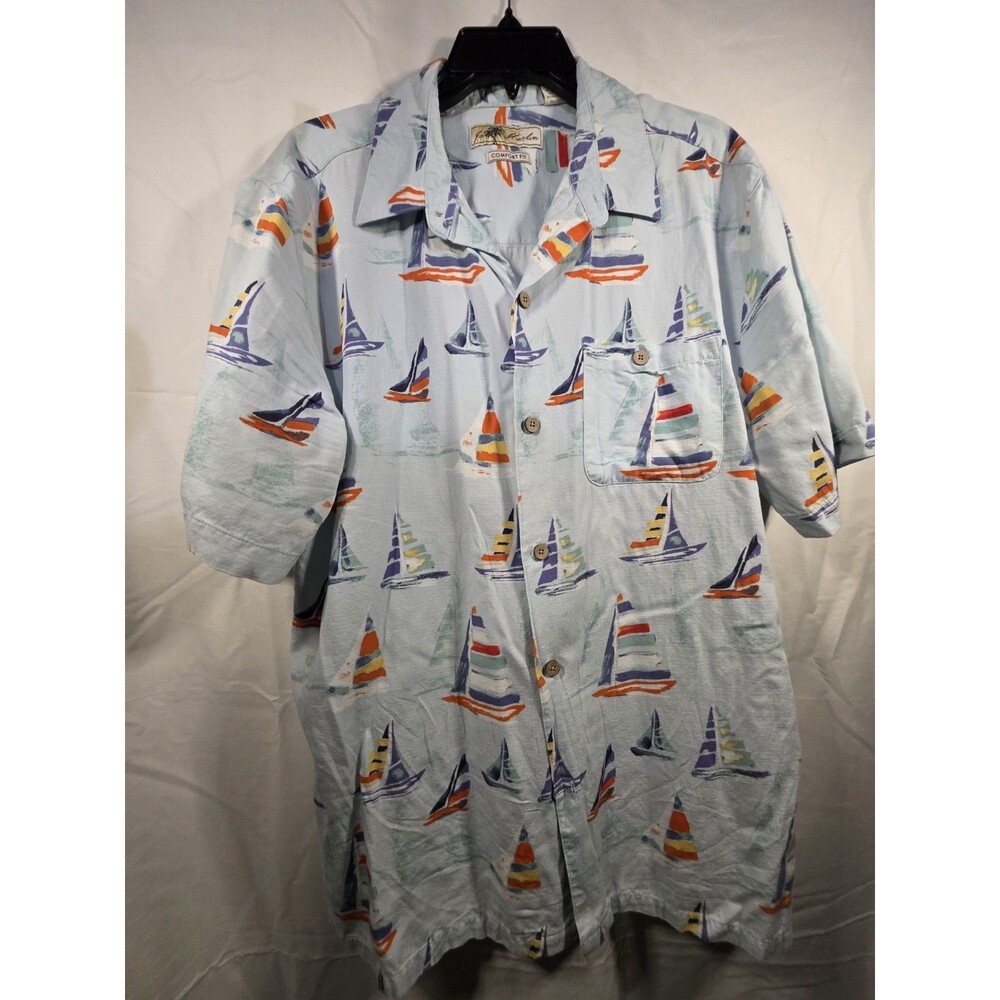 Joe Marlin Shirt L Mens Button Down Up Mens Large Blue Hawaiian Boats